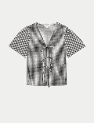 

Womens M&S Collection Strukturiertes Oberteil mit Karomuster, mit V-Ausschnitt und Bindedetail vorne - Black Mix, Black Mix