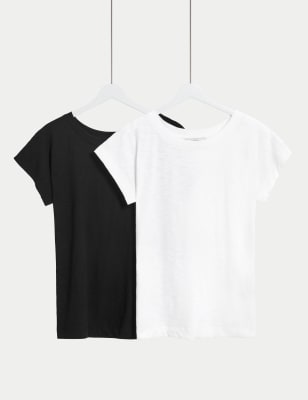

M&S Collection Pack de 2 tops 100% algodón con cuello barco para el día a díaWomens - Black/White, Black/White