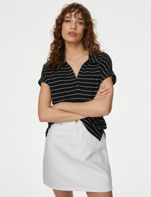 

Womens M&S Collection Linen Blend Striped Collared Top - Black Mix, Black Mix