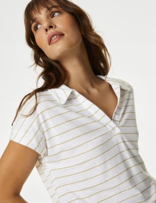 

Womens M&S Collection Linen Blend Striped Collared Top - White Mix, White Mix