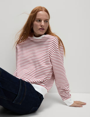 

Womens M&S Collection Pure Cotton Striped Crew Neck Sweatshirt - Red Mix, Red Mix