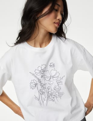 

Womens M&S Collection Pure Cotton Embroidered T-Shirt - White Mix, White Mix