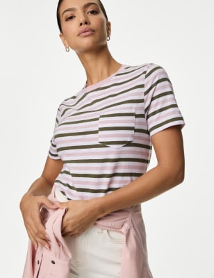 

Womens M&S Collection Pure Cotton Striped T-Shirt - Pink Mix, Pink Mix