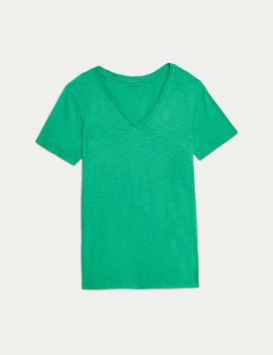 

Womens M&S Collection Pure Cotton V-Neck Everyday Fit T-Shirt - Medium Green, Medium Green