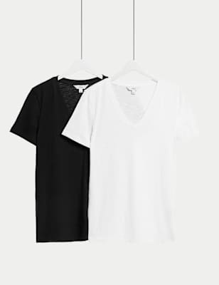 

Womens M&S Collection 2er-Pack bequeme T-Shirts aus reiner Baumwolle mit V-Ausschnitt - Black/White, Black/White