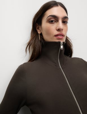 

Womens M&S Collection Cotton Rich Ribbed Collared Zip Up Top - Bitter Chocolate, Bitter Chocolate