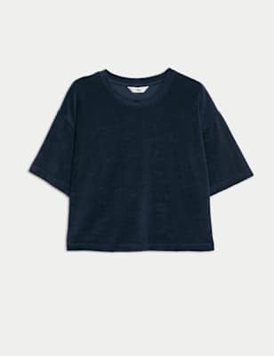 

Womens M&S Collection Cotton Rich Towelling Cropped Top, Navy