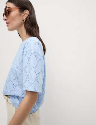 

Womens M&S Collection Cotton Rich Broderie T-Shirt, Ice Blue