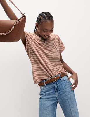 

Womens M&S Collection Linen Blend Striped T-Shirt, Orange Mix