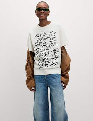 

Womens M&S Collection Pure Cotton Graphic Oversized T-Shirt, White Mix