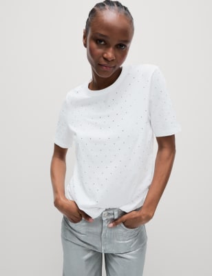 

Womens M&S Collection Pure Cotton Embellished T-Shirt - White, White