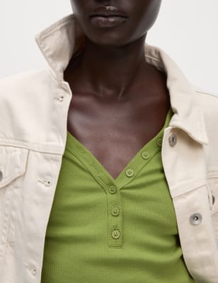

Womens M&S Collection Cotton Rich Ribbed V-Neck Top, Bright Green