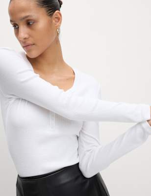 

Womens M&S Collection Cotton Rich Ribbed V-Neck Top - Soft White, Soft White