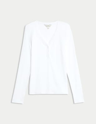 

Womens M&S Collection Geripptes Oberteil mit hohem Baumwollanteil und V-Ausschnitt - Soft White, Soft White