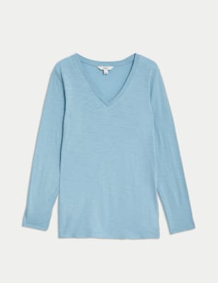 

Womens M&S Collection Pure Cotton Long Sleeve V-Neck Top - Light Airforce, Light Airforce