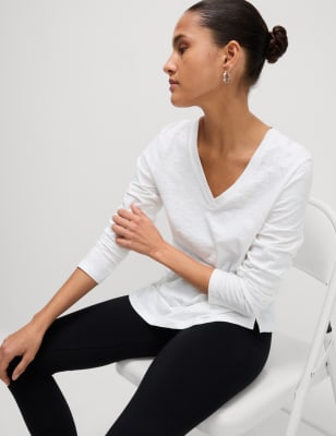 

Womens M&S Collection Pure Cotton Long Sleeve V-Neck Top - Soft White, Soft White