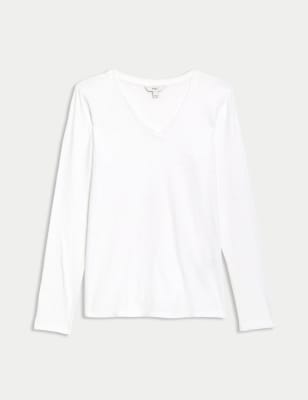 

Womens M&S Collection Pure Cotton Long Sleeve V-Neck Top - Soft White, Soft White