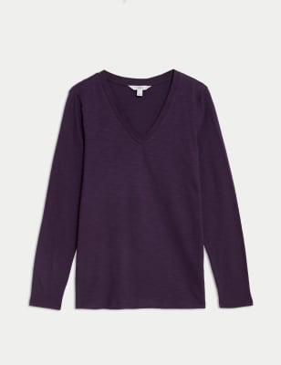 

Womens M&S Collection Pure Cotton Long Sleeve V-Neck Top - Blackberry, Blackberry