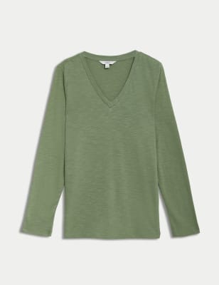 

Womens M&S Collection Pure Cotton Long Sleeve V-Neck Top - Bright Sage, Bright Sage