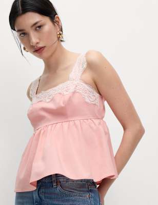 

Womens M&S Collection Pure Cotton Lace Detail Cami Top, Pink