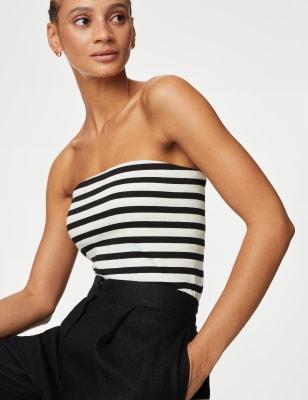 

Womens M&S Collection Cotton Rich Striped Bandeau Top - Black Mix, Black Mix