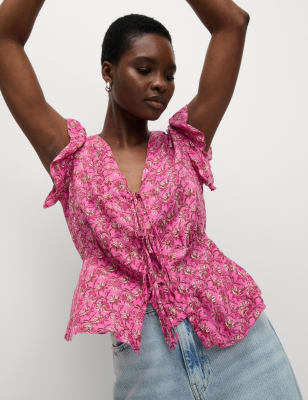 

Womens M&S Collection Pure Modal Floral Tie Front Blouse, Pink Mix