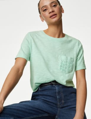 

Womens M&S Collection Embroidered Pure Cotton T-Shirt - Light Green, Light Green