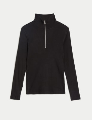 

Womens M&S Collection Cotton Rich Ribbed Half Zip Top - Black, Black