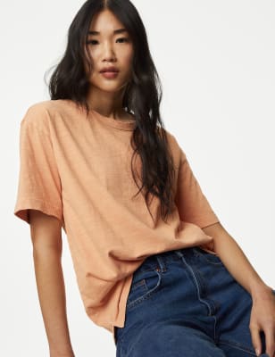 

Womens M&S Collection T-Shirt aus reiner Baumwolle mit Tea-Dye-Effekt - Orange, Orange