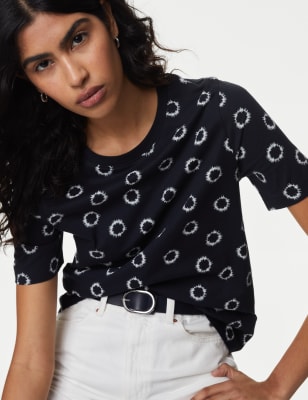 

Womens M&S Collection Pure Cotton Printed Everyday T-Shirt - Dark Navy Mix, Dark Navy Mix