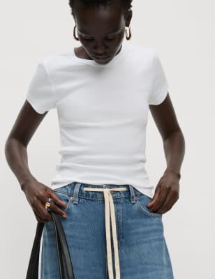 

Womens M&S Collection Schmal geschnittenes T-Shirt aus reiner Baumwolle mit Rippmuster - Soft White, Soft White