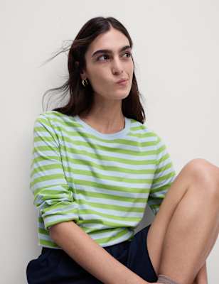 

Womens M&S Collection Pure Cotton Striped Crew Neck T-Shirt, Light Green Mix