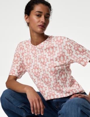 

Womens M&S Collection T-Shirt aus Baumwoll- und Modalmischung mit Muster - Red Mix, Red Mix