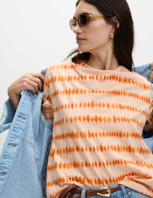 

Womens M&S Collection Cotton Modal Blend Printed T-Shirt, Orange Mix