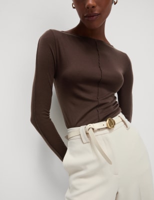 

Womens M&S Collection Lyocell Blend Ribbed Top with Wool - Dark Chocolate, Dark Chocolate