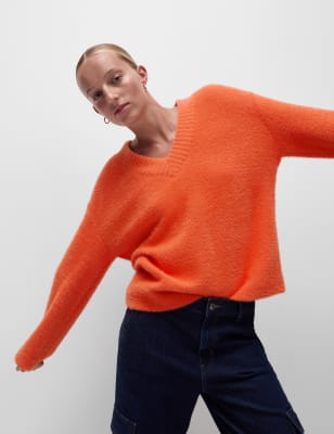 

Womens M&S Collection Extra bequem nStrukturiertes Sweatshirt mit V-Ausschnitt - Orange, Orange