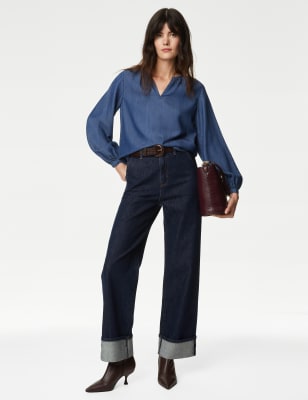 

Womens M&S Collection Bluse aus reinem Lyocell™ mit V-Ausschnitt - Navy, Navy