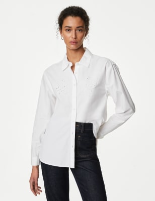 

Womens M&S Collection Pure Cotton Cutwork Detail Shirt - Soft White, Soft White