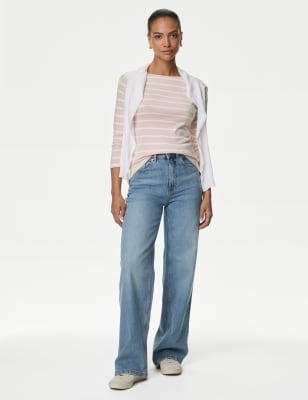 

Womens M&S Collection Pure Cotton Striped Slash Neck Slim Fit Top - Pink Mix, Pink Mix