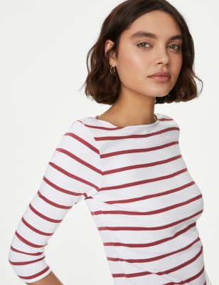 

Womens M&S Collection Pure Cotton Striped Slash Neck Slim Fit Top - Red Mix, Red Mix