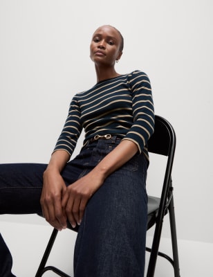 

Womens M&S Collection Pure Cotton Striped Slash Neck Slim Fit Top - Dark Navy Mix, Dark Navy Mix