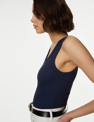 

Womens M&S Collection Schmal geschnittenes Trägeroberteil mit hohem Baumwollanteil und Rippenmuster - Dark Navy, Dark Navy