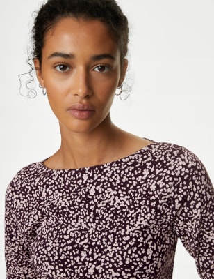 

Womens M&S Collection Pure Cotton Printed Slim Fit Slash Neck Top - Purple Mix, Purple Mix