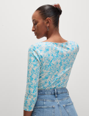 

Womens M&S Collection Pure Cotton Printed Slim Fit Slash Neck Top, Blue Mix