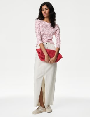 

M&S Collection Top ajustado con cuello barco estampado 100% algodónWomens - White/Red, White/Red