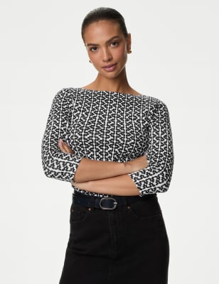 

Womens M&S Collection Pure Cotton Printed Slim Fit Slash Neck Top - White/Black, White/Black