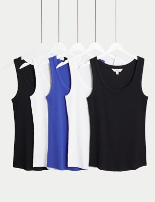 

Womens M&S Collection 5pk Cotton Rich Scoop Neck Vests - Blue/Black, Blue/Black