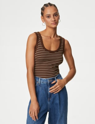 

Womens M&S Collection Gestreiftes, geripptes Trägeroberteil mit hohem Baumwollanteil - Brown Mix, Brown Mix