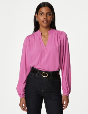 

Womens M&S Collection Collarless Regular Fit Long Sleeve Blouse - Bright Rose, Bright Rose