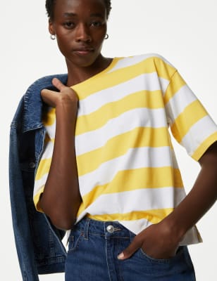 

Womens M&S Collection Gestreiftes T-Shirt aus reiner Baumwolle - Yellow Mix, Yellow Mix